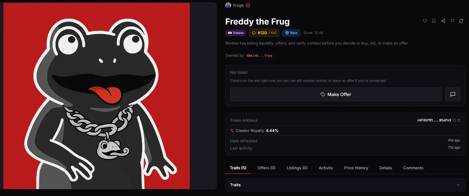 Freddy the Frug listed on GraveMarket with an on-chain custom name